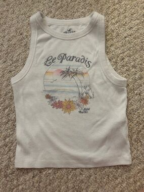 Hollister White Ribbed Tank with Pastel Tropical Graphic
